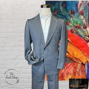 Vintage John Bennett Ltd 38L 34x31 Gray Blue Herringbone Suit Unconstructed